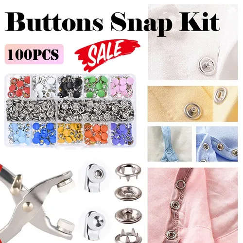 100Pcs Metal Sewing Buttons | Press Stud Snap Fastener Kit | Pliers | Snap On Tool | DIY