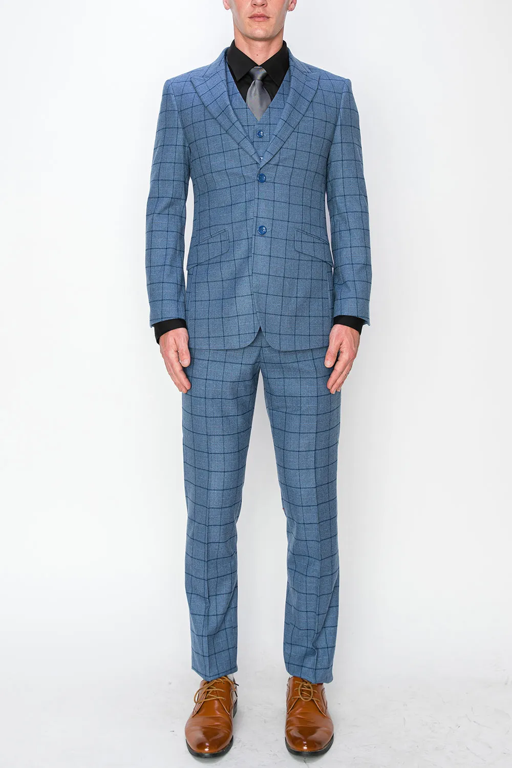 3 Piece Plaid Suit - Blue (150204)