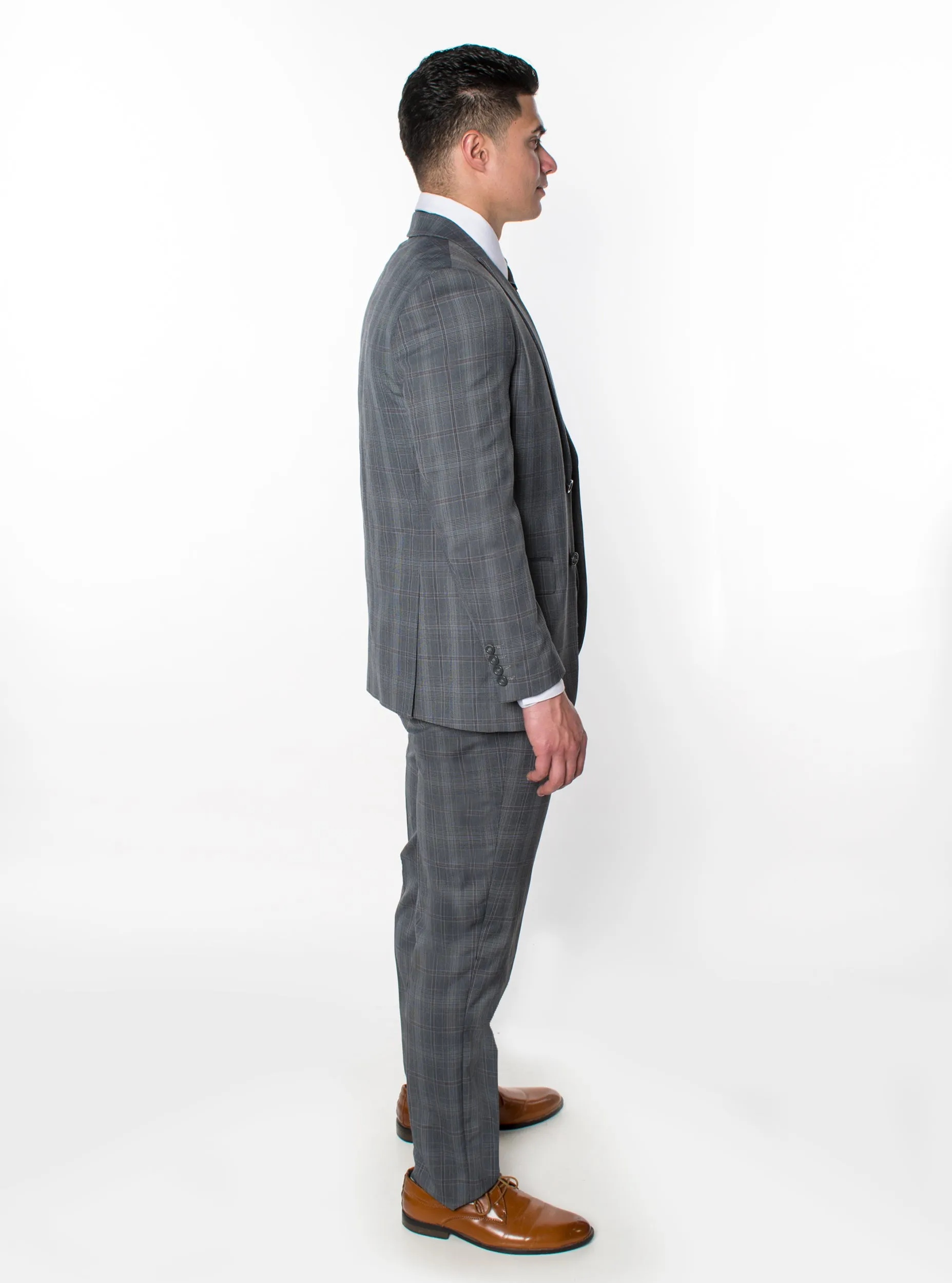 3 Piece Plaid Suit - Grey (600905)