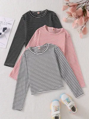 3pcs Girls' Striped Long Sleeve T-Shirts - Casual & Sporty, Slim Fit Tops
