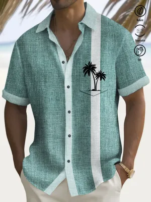 Alohadaddy Vintage Bowling Coconut Tree Print Men's Chest Pocket Stretch Shirt Big Tall