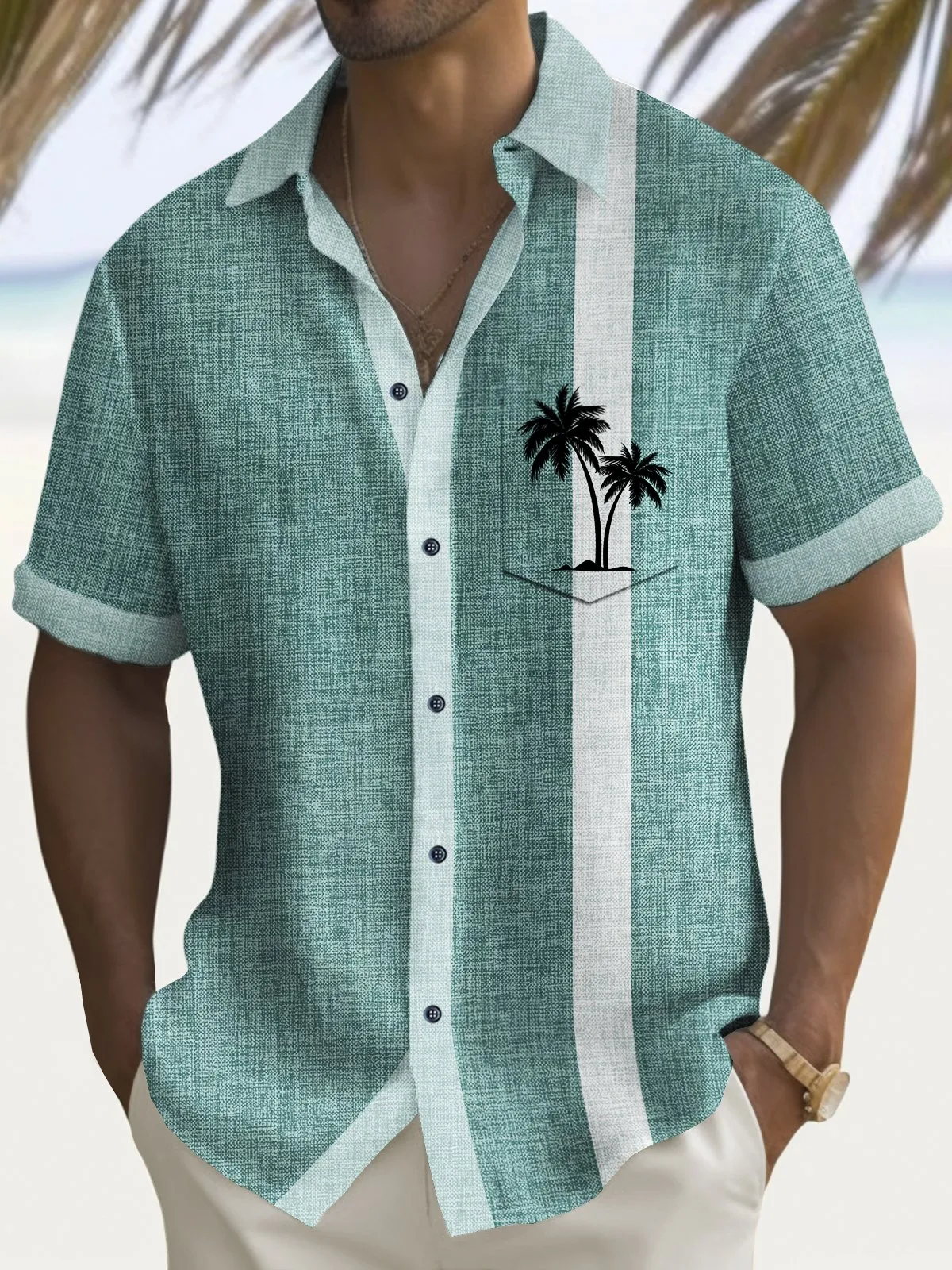 Alohadaddy Vintage Bowling Coconut Tree Print Men's Chest Pocket Stretch Shirt Big Tall