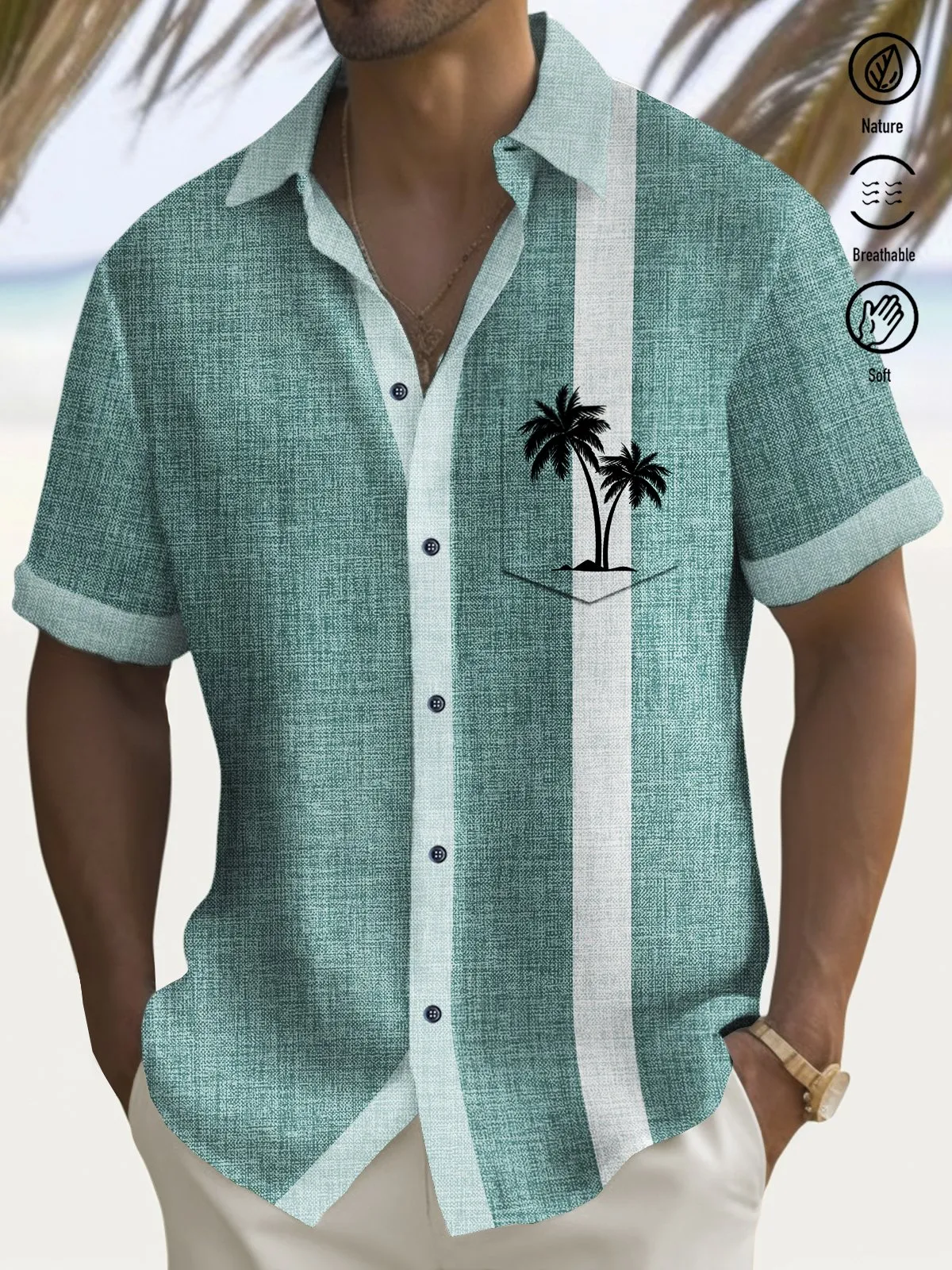Alohadaddy Vintage Bowling Coconut Tree Print Men's Chest Pocket Stretch Shirt Big Tall