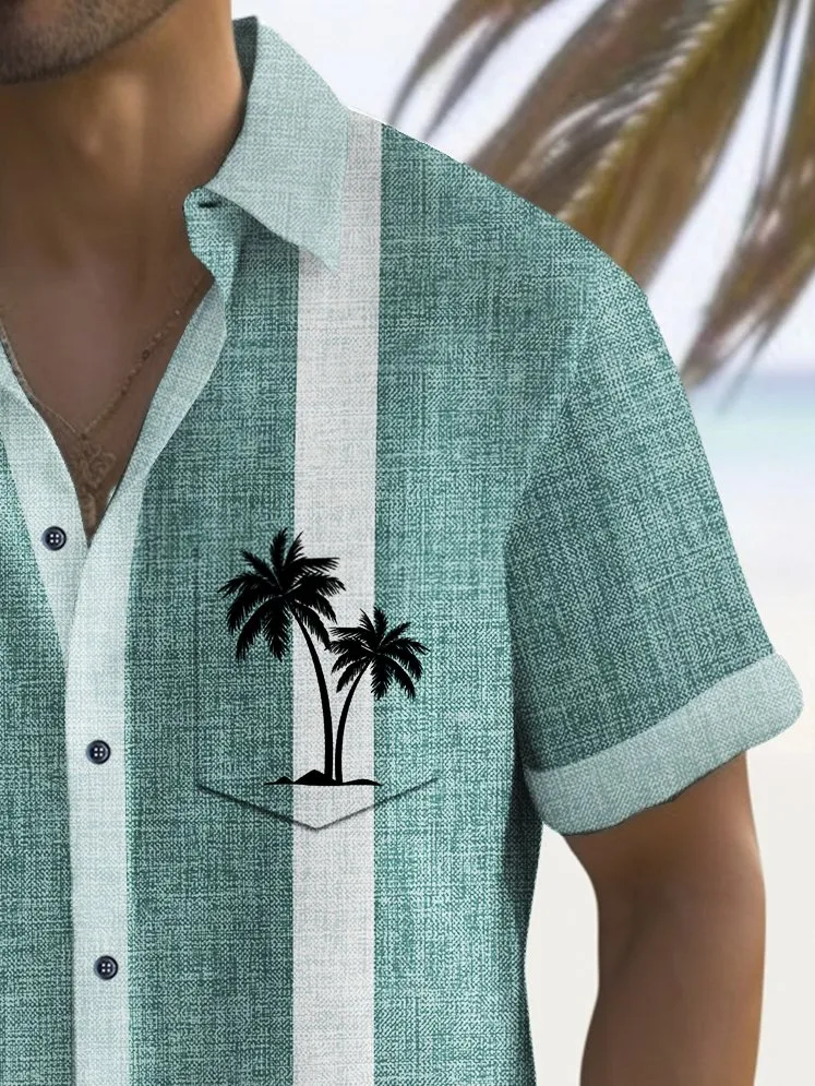 Alohadaddy Vintage Bowling Coconut Tree Print Men's Chest Pocket Stretch Shirt Big Tall