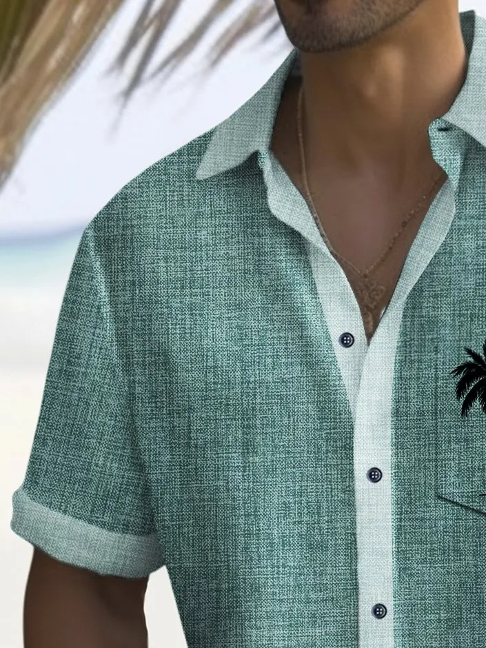 Alohadaddy Vintage Bowling Coconut Tree Print Men's Chest Pocket Stretch Shirt Big Tall