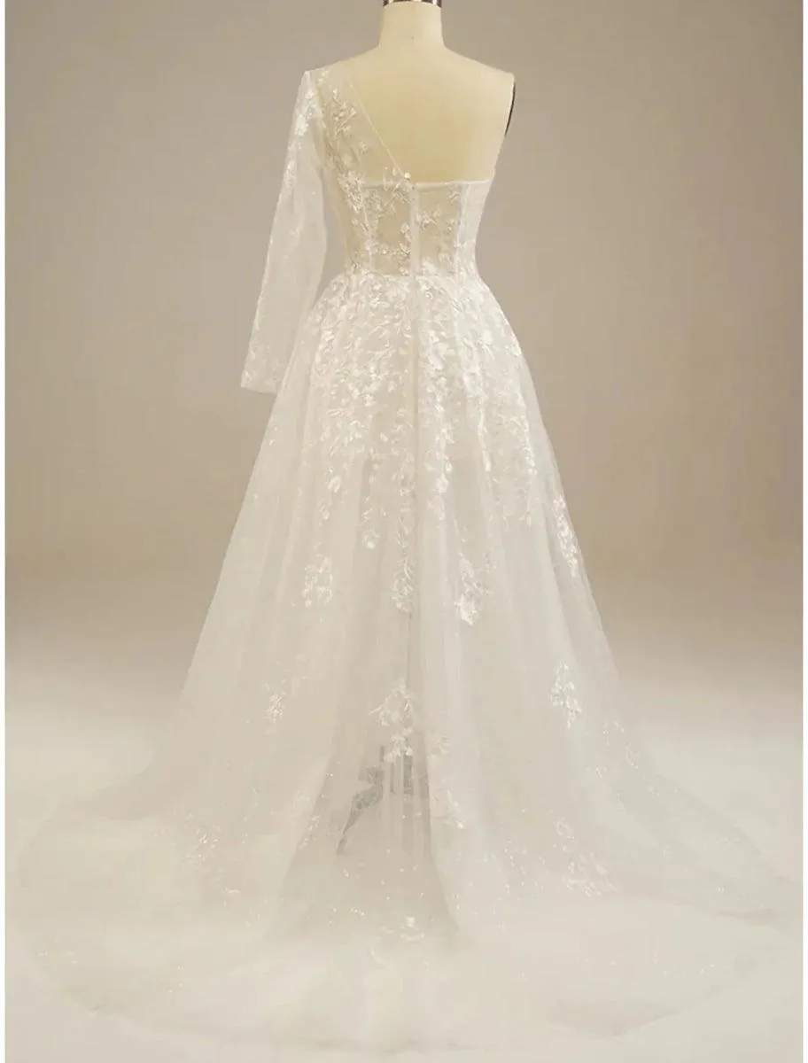 Beach Sexy Boho Wedding Dresses A-Line One Shoulder Long Sleeve Sweep / Brush Train Lace Bridal Gowns With Split Front