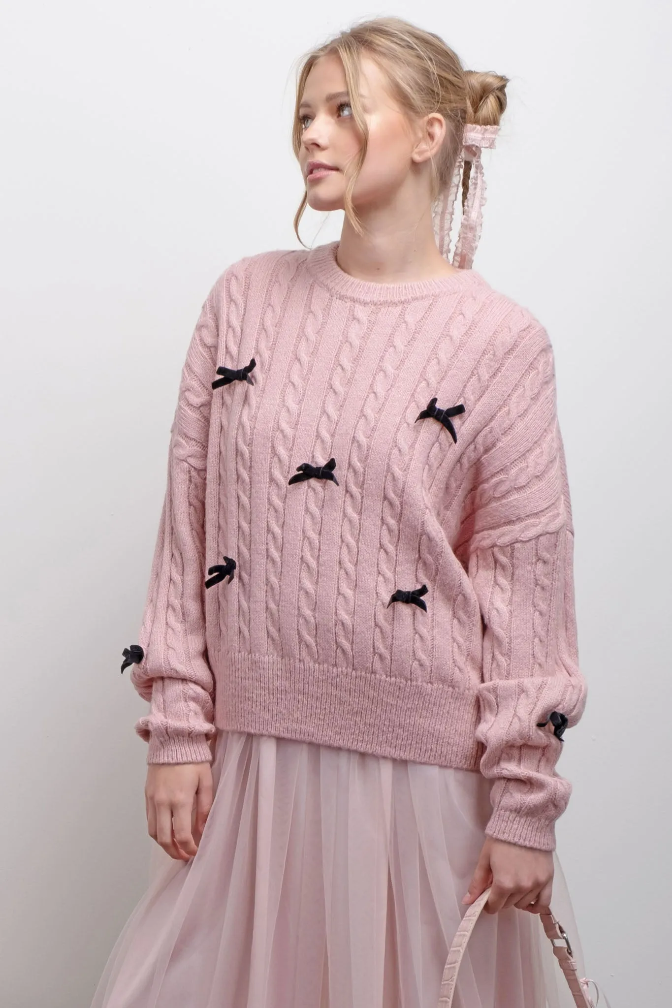 BOW DETAIL CABLE KNIT PULLOVER SWEATER
