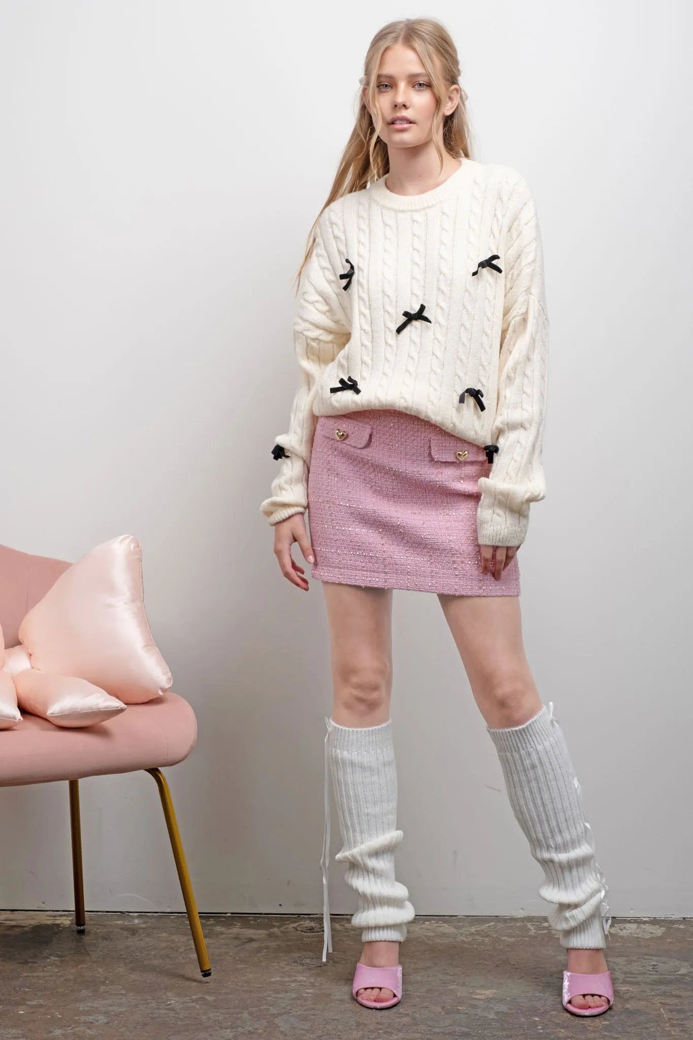 BOW DETAIL CABLE KNIT PULLOVER SWEATER