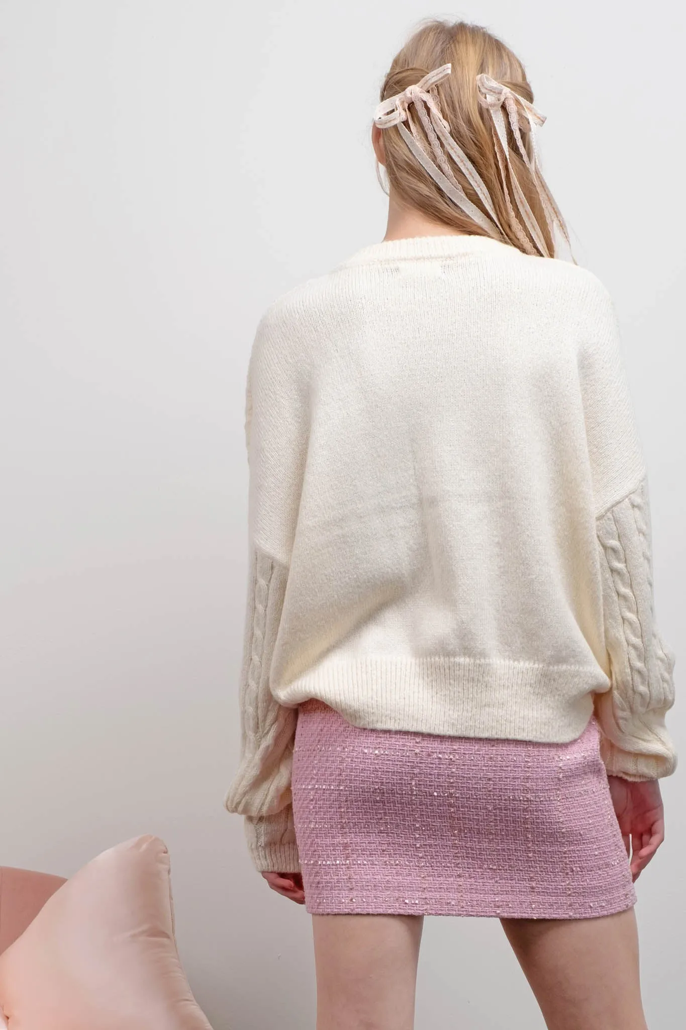 BOW DETAIL CABLE KNIT PULLOVER SWEATER