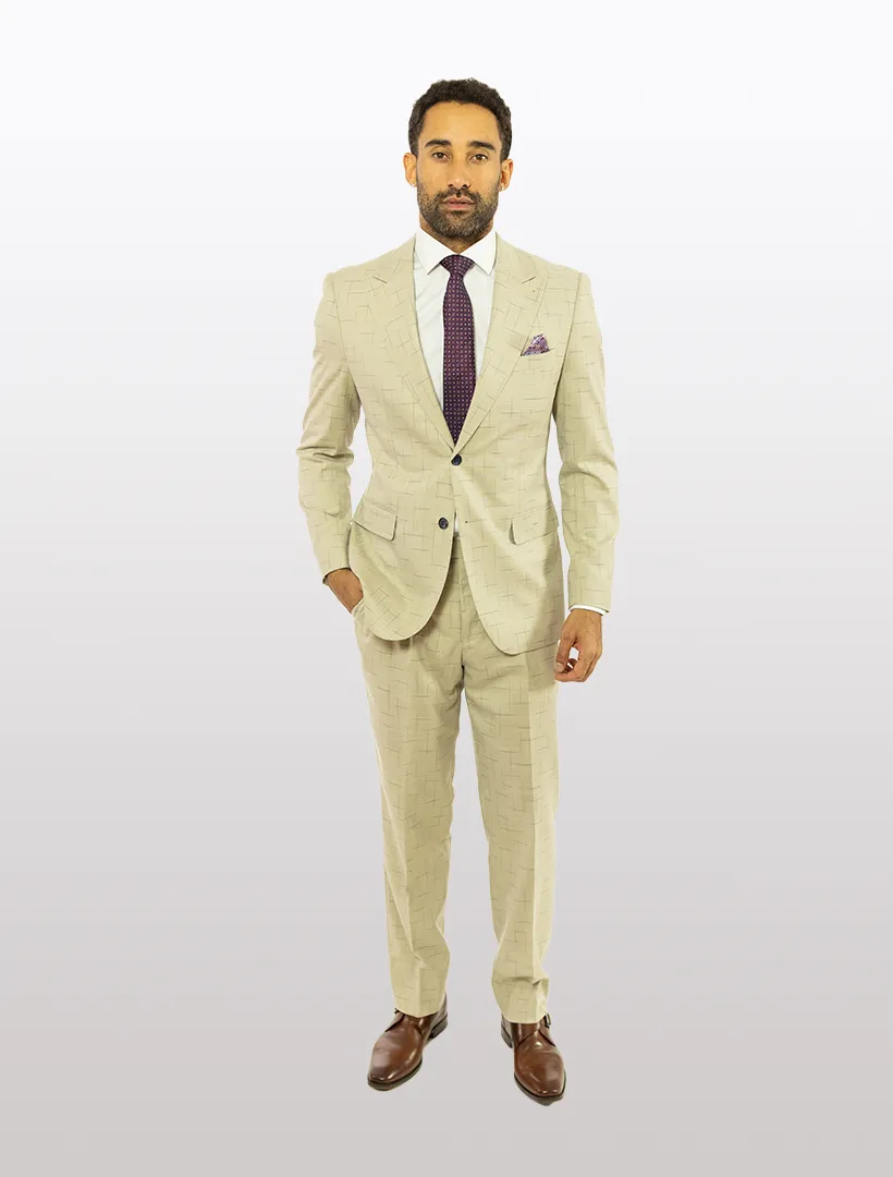 FUBU Tan with Navy Fading Windowpane Peak Lapel Suit