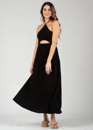 Marisol Mixed Textures Boho Dress-Black