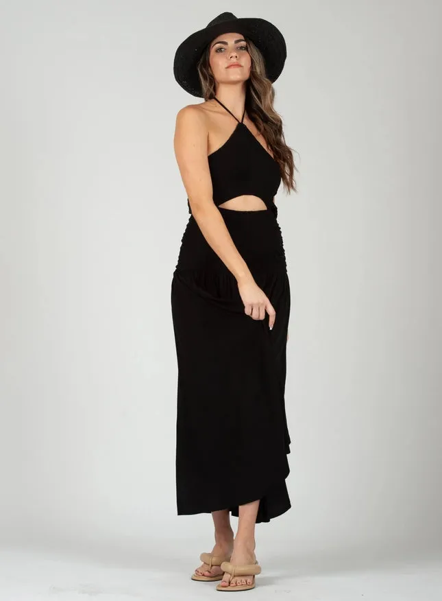 Marisol Mixed Textures Boho Dress-Black