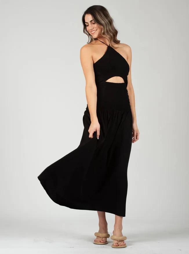 Marisol Mixed Textures Boho Dress-Black