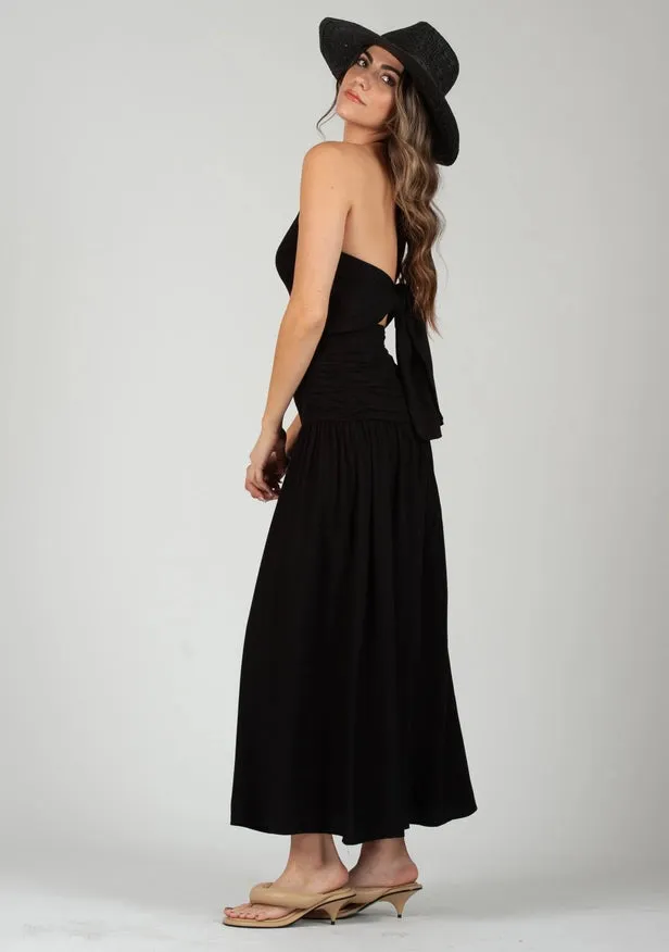 Marisol Mixed Textures Boho Dress-Black