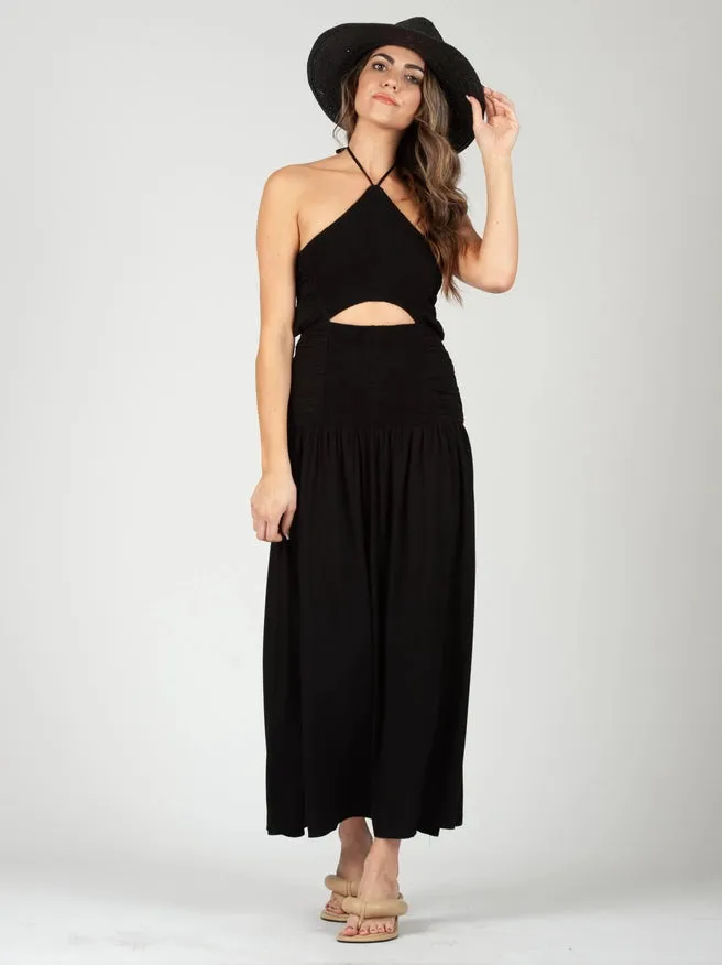 Marisol Mixed Textures Boho Dress-Black