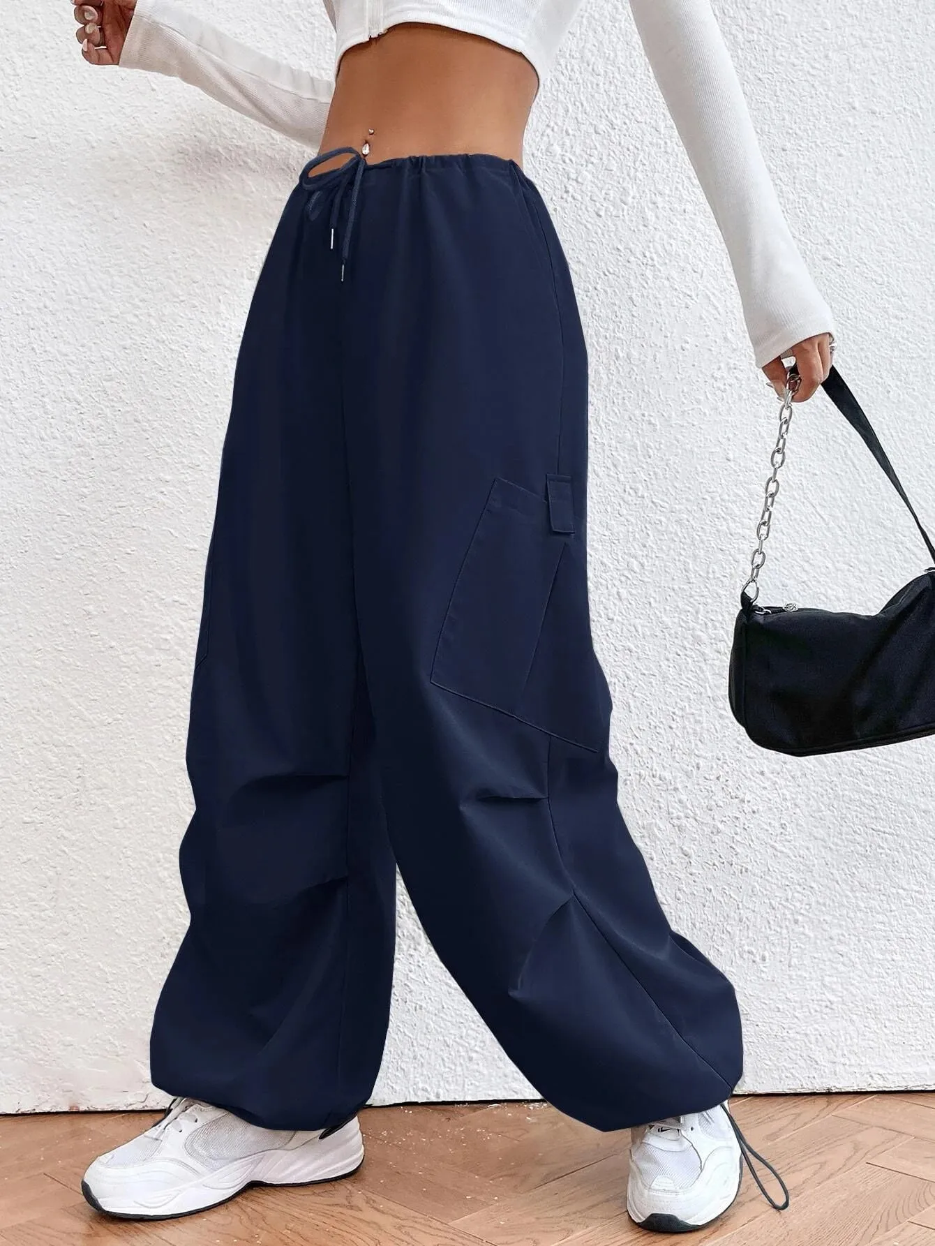 Solid Colored Drawstring Waist Parachute Pant