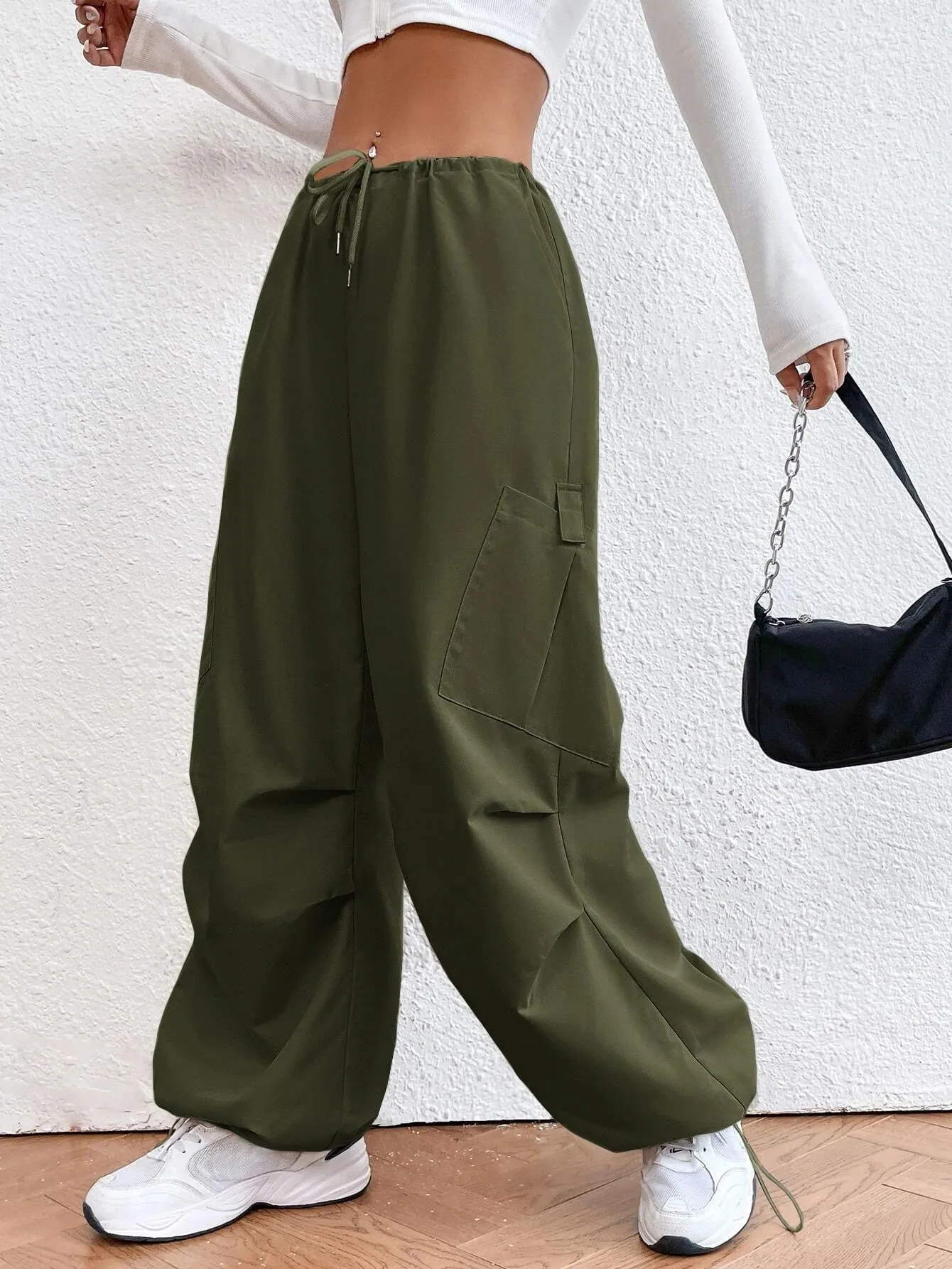 Solid Colored Drawstring Waist Parachute Pant