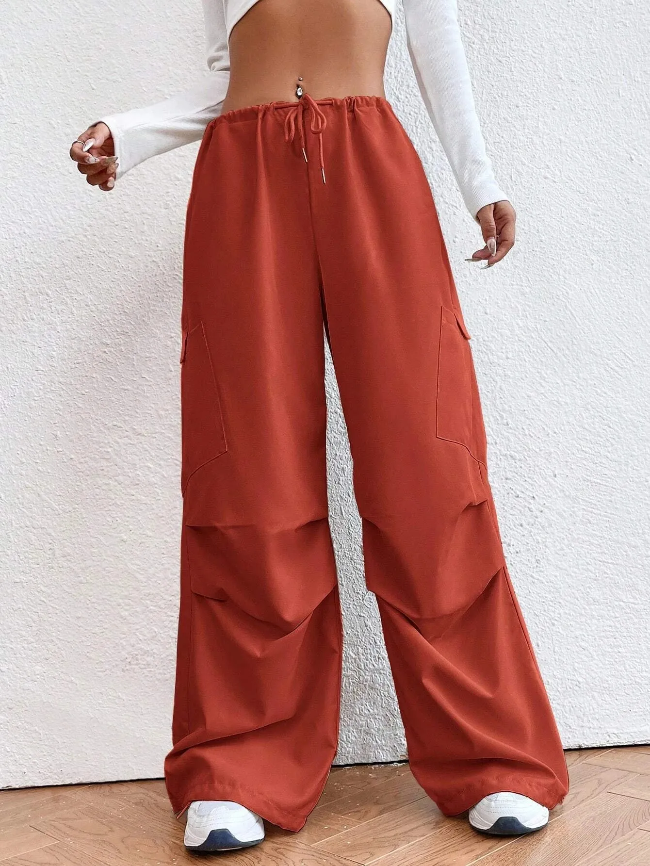 Solid Colored Drawstring Waist Parachute Pant