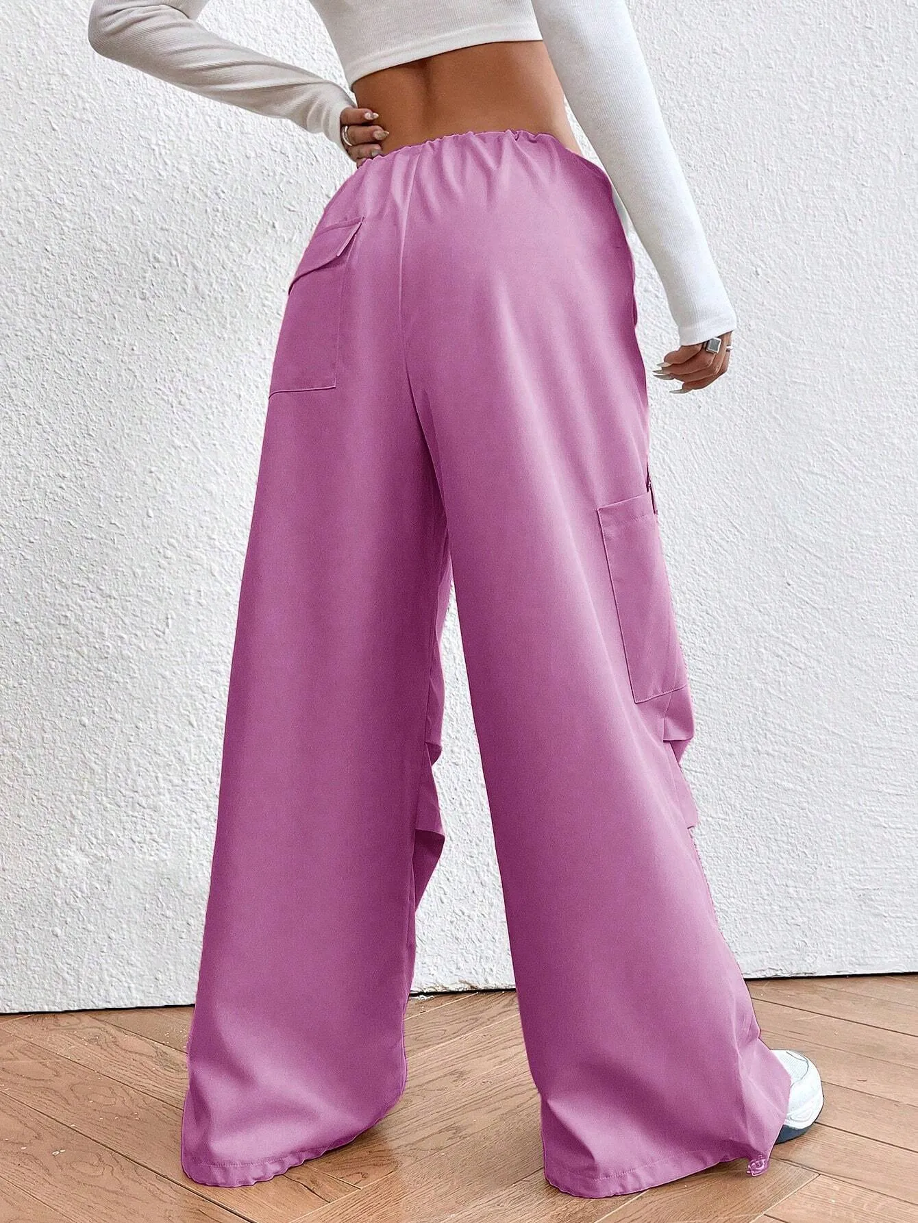 Solid Colored Drawstring Waist Parachute Pant