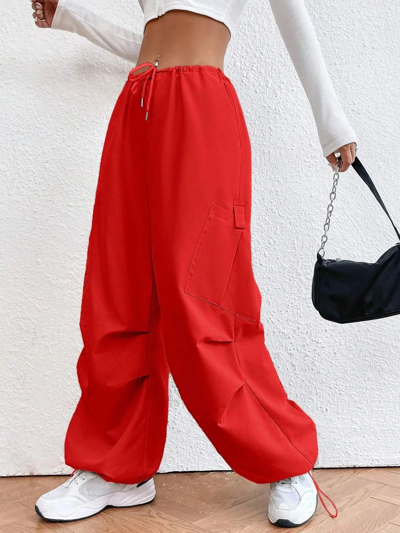 Solid Colored Drawstring Waist Parachute Pant