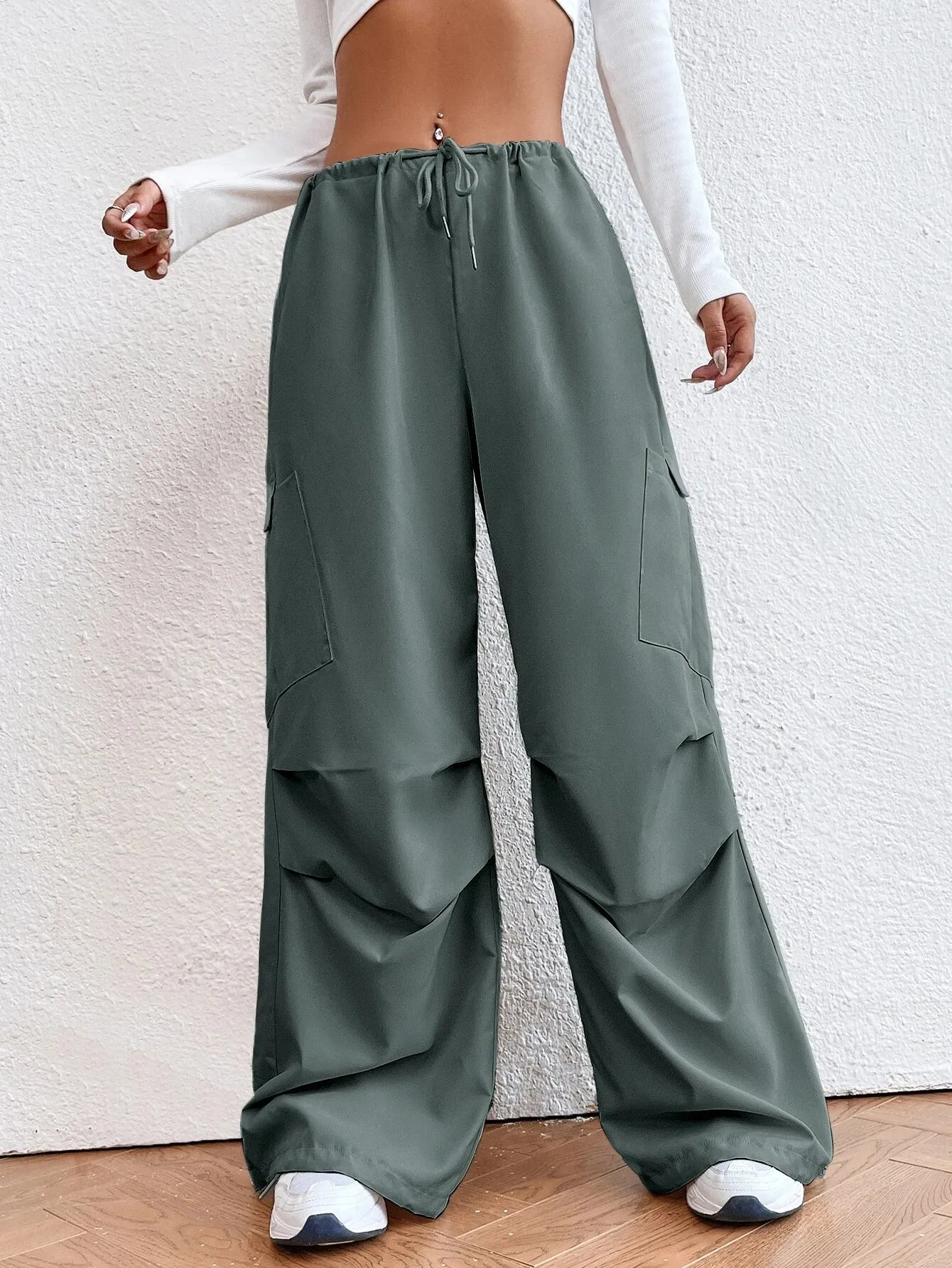 Solid Colored Drawstring Waist Parachute Pant