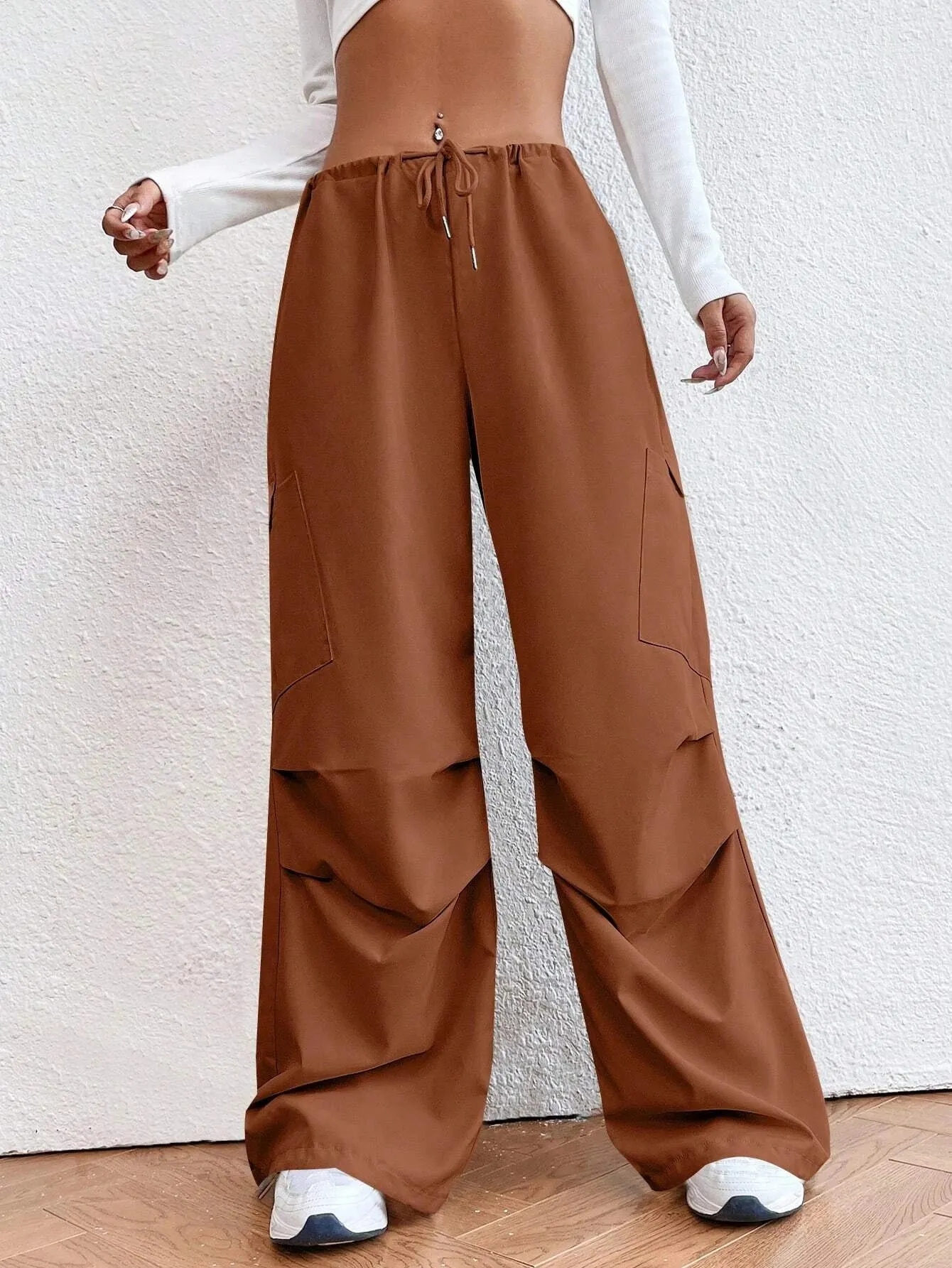 Solid Colored Drawstring Waist Parachute Pant