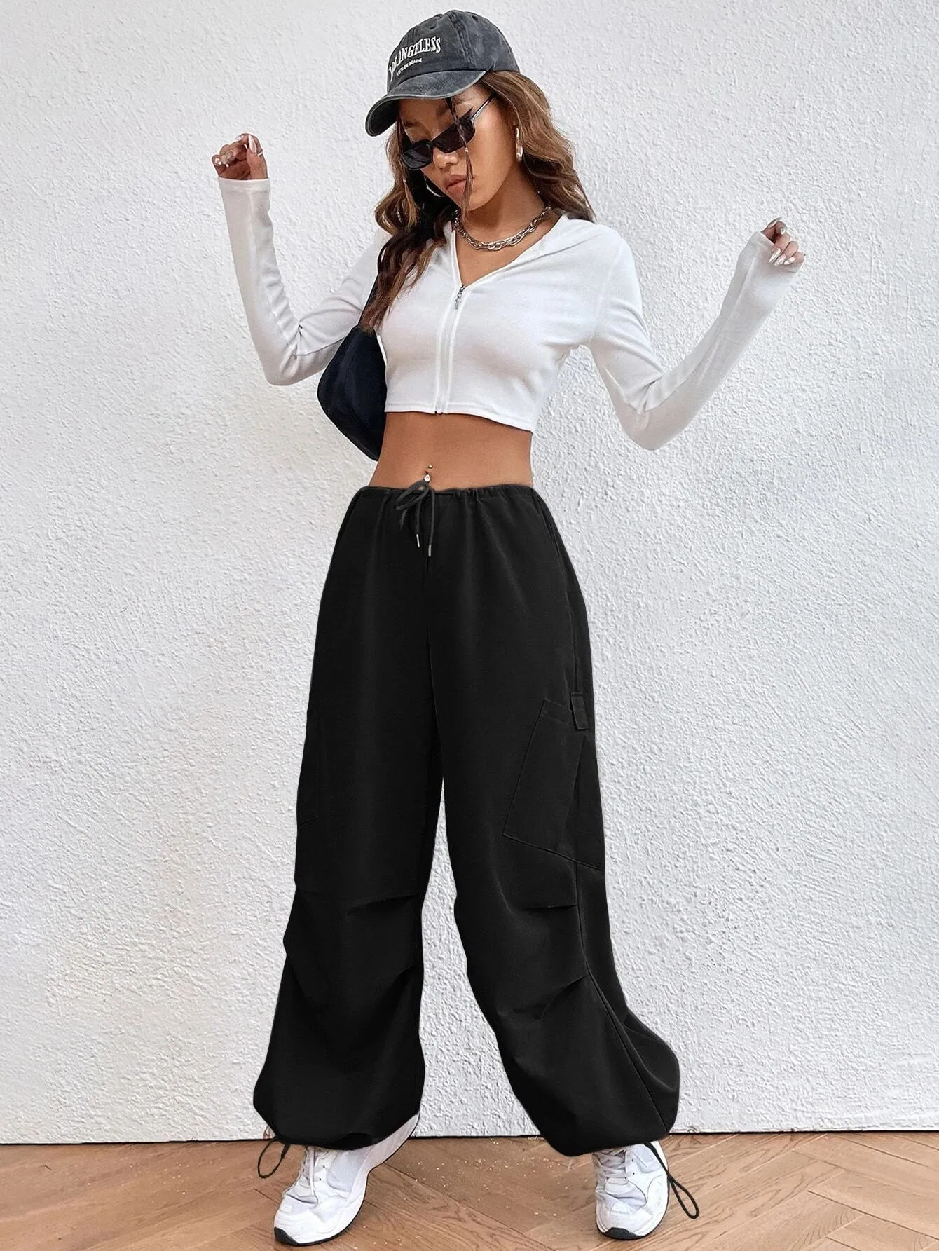 Solid Colored Drawstring Waist Parachute Pant