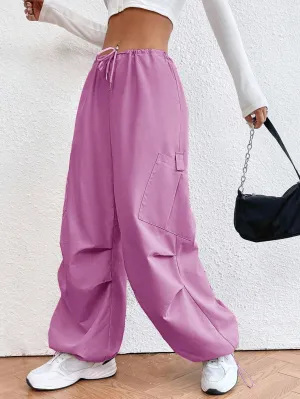 Solid Colored Drawstring Waist Parachute Pant
