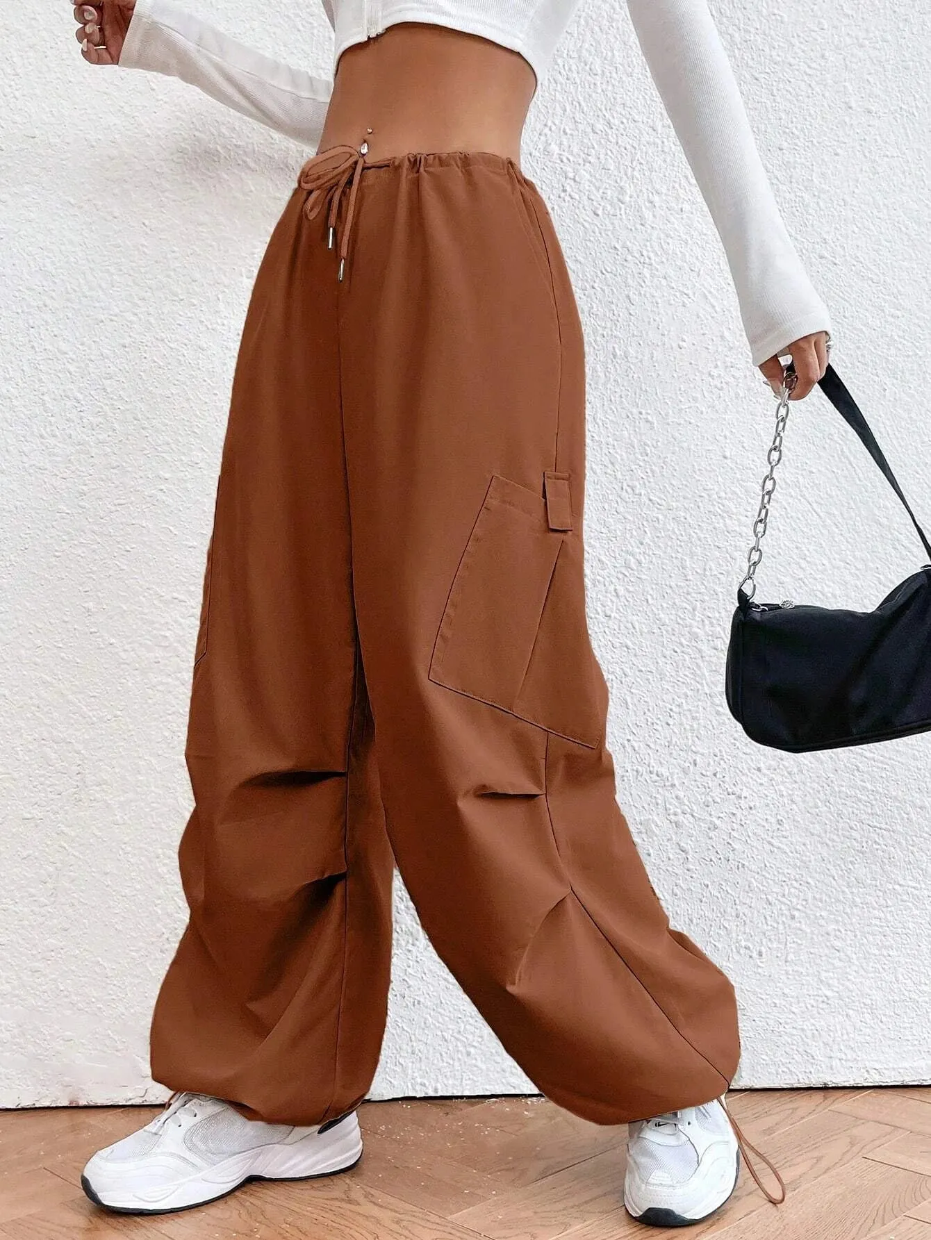 Solid Colored Drawstring Waist Parachute Pant