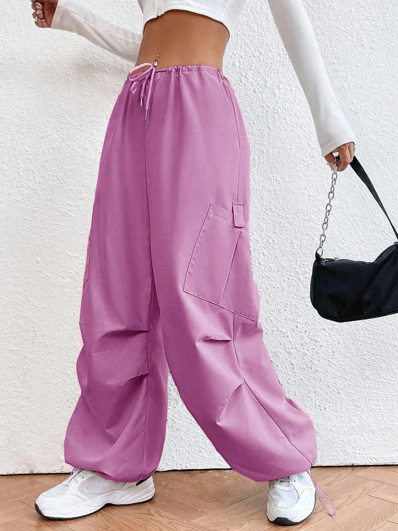 Solid Colored Drawstring Waist Parachute Pant