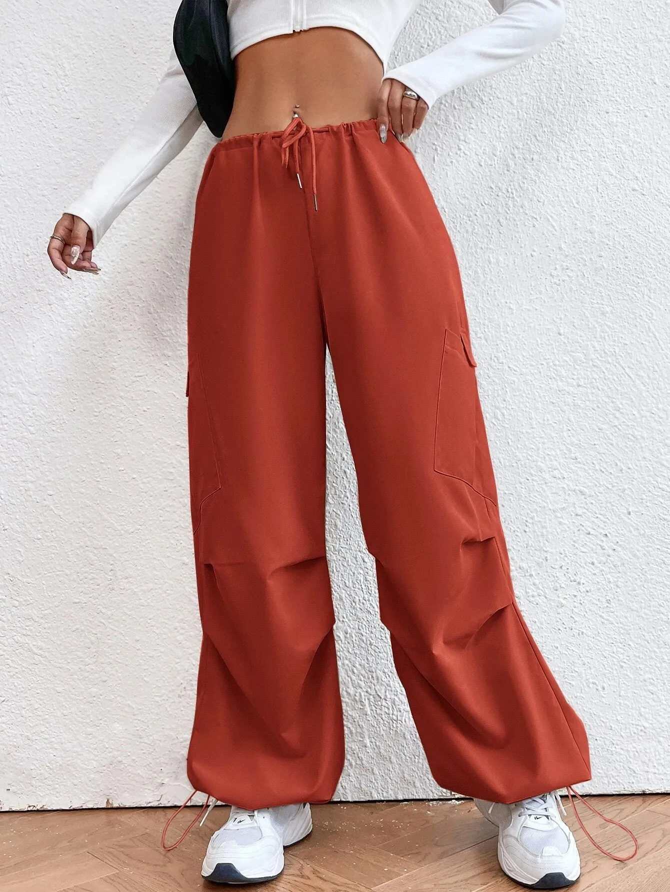 Solid Colored Drawstring Waist Parachute Pant