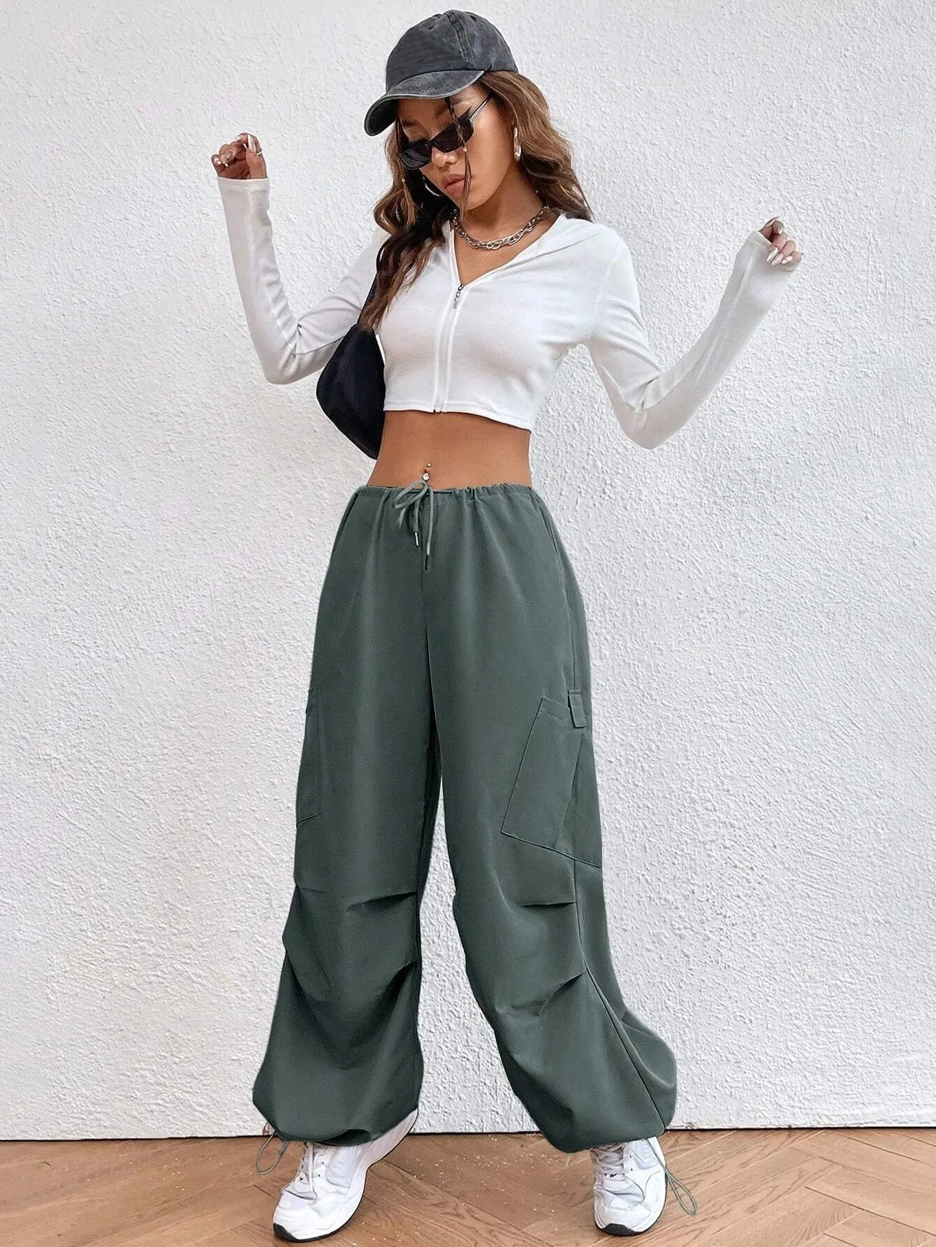 Solid Colored Drawstring Waist Parachute Pant