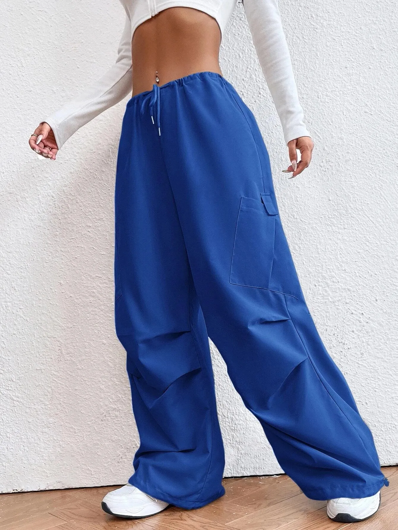 Solid Colored Drawstring Waist Parachute Pant