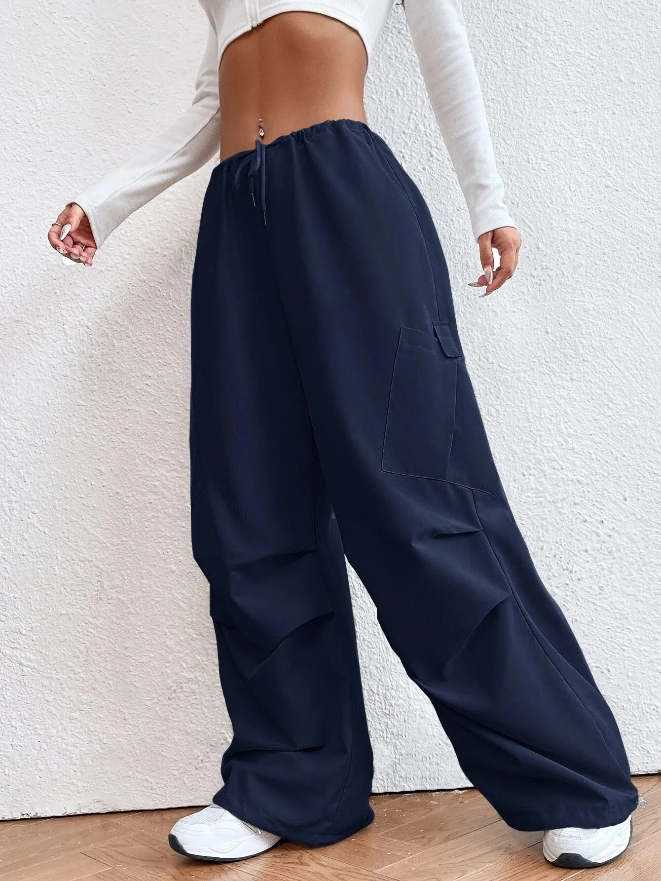 Solid Colored Drawstring Waist Parachute Pant