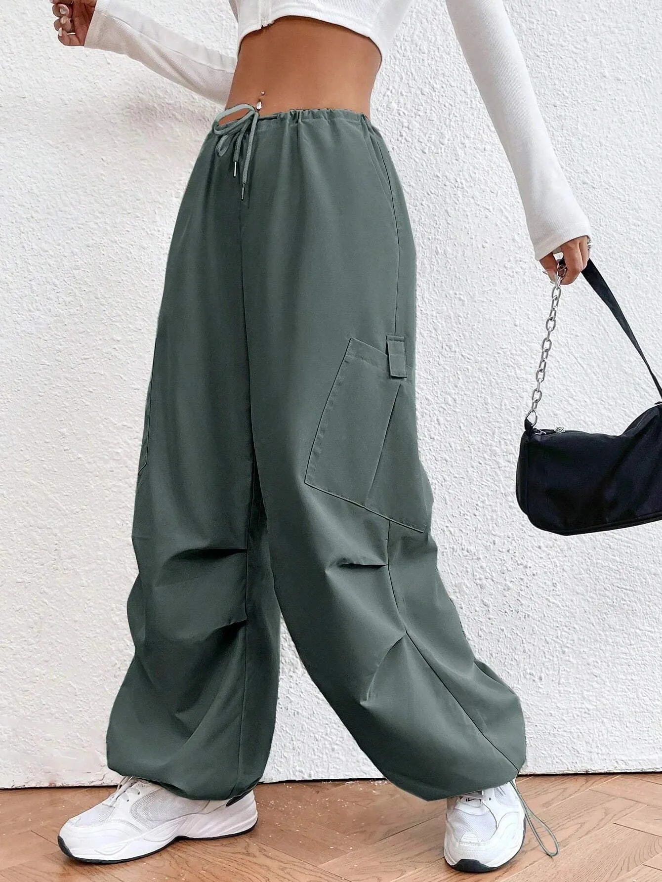 Solid Colored Drawstring Waist Parachute Pant