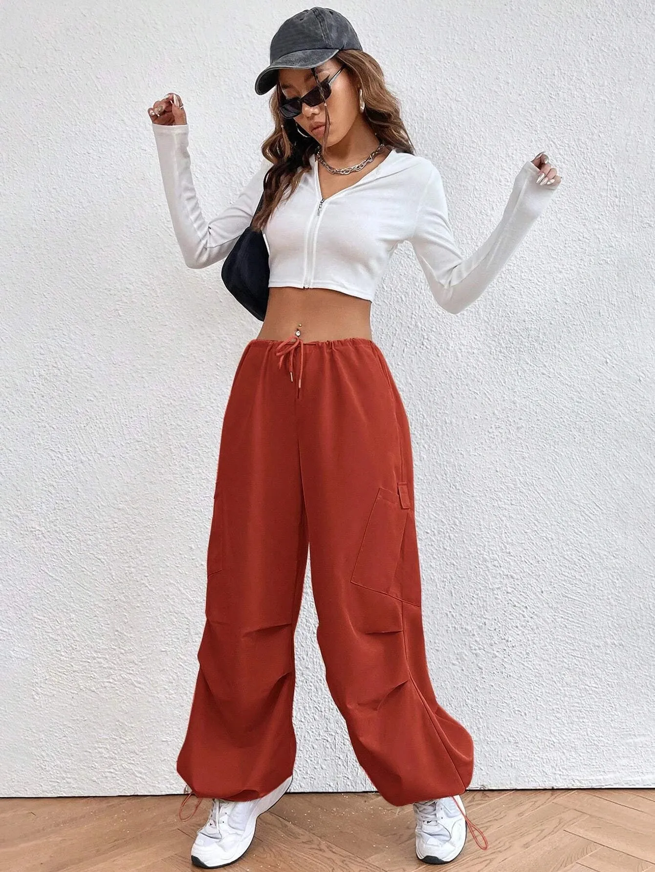 Solid Colored Drawstring Waist Parachute Pant