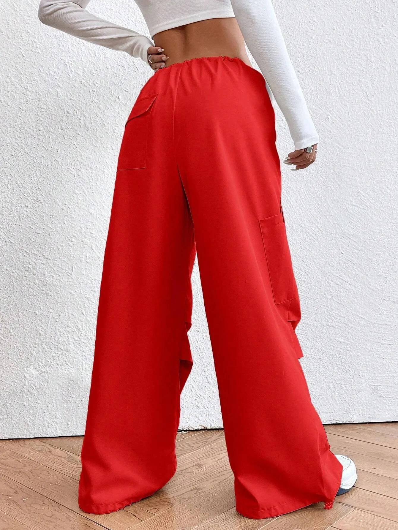 Solid Colored Drawstring Waist Parachute Pant