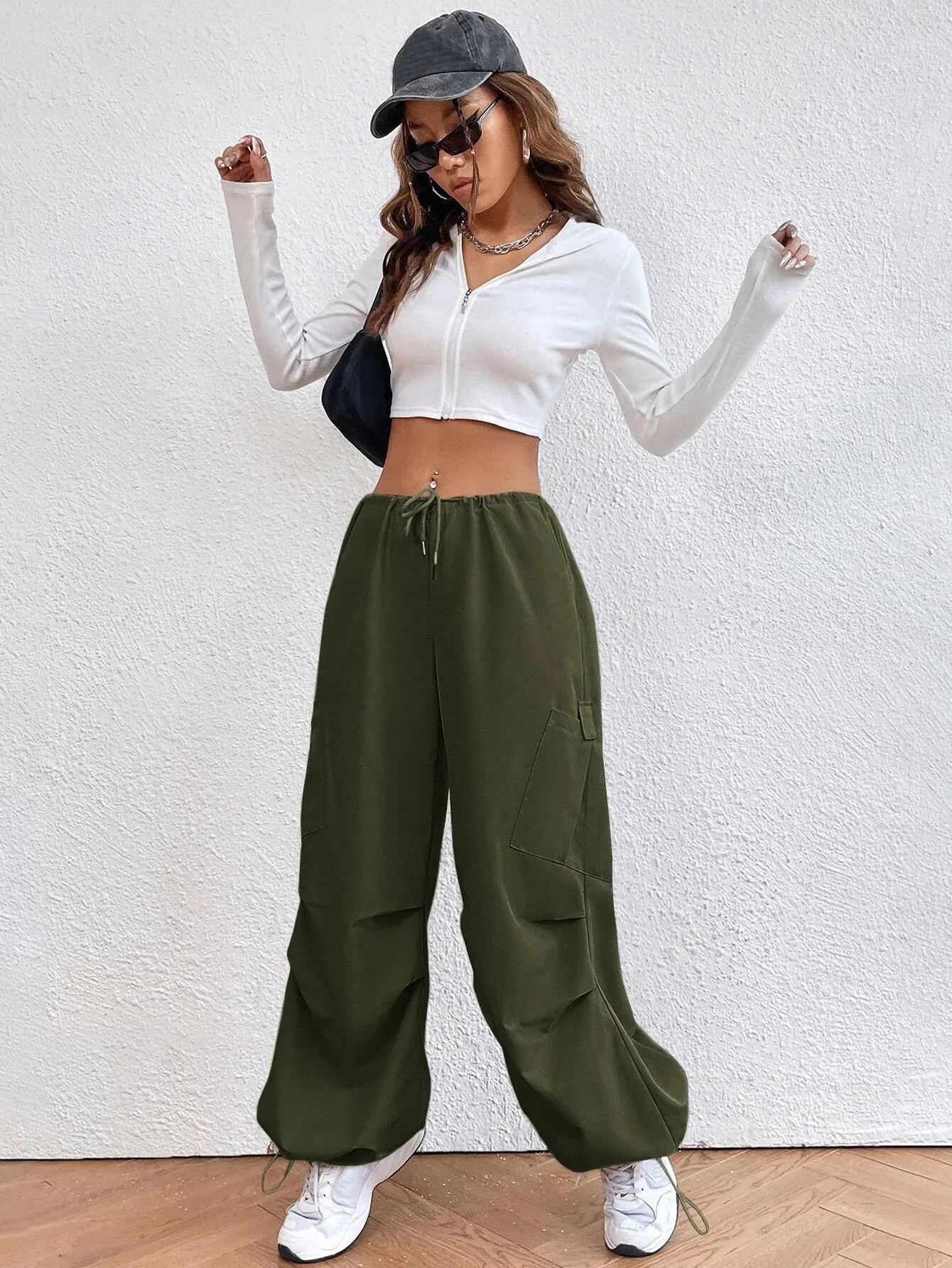 Solid Colored Drawstring Waist Parachute Pant