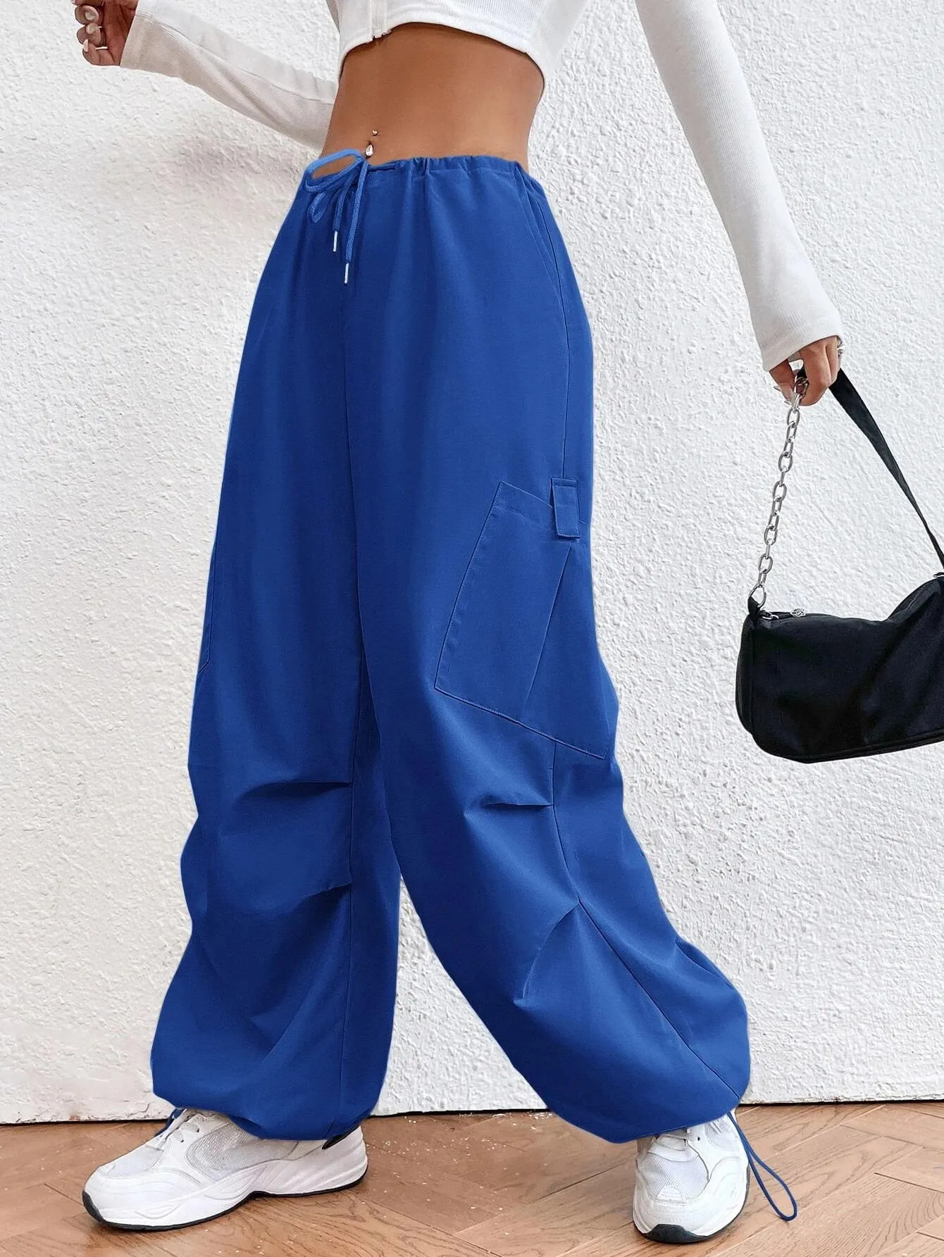 Solid Colored Drawstring Waist Parachute Pant