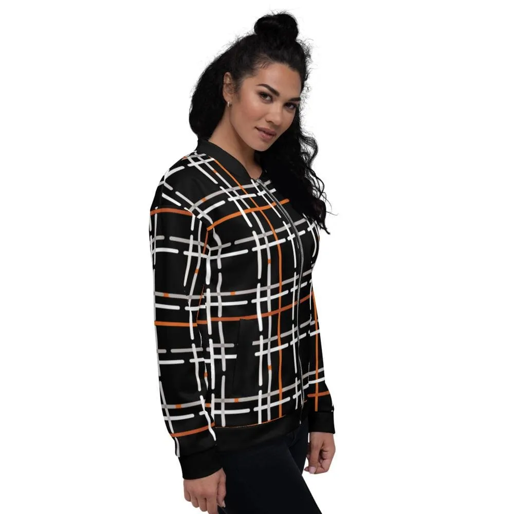 Womens Jacket - Black and Orange Tartan Style Bomber Jacket