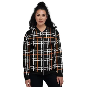 Womens Jacket - Black and Orange Tartan Style Bomber Jacket